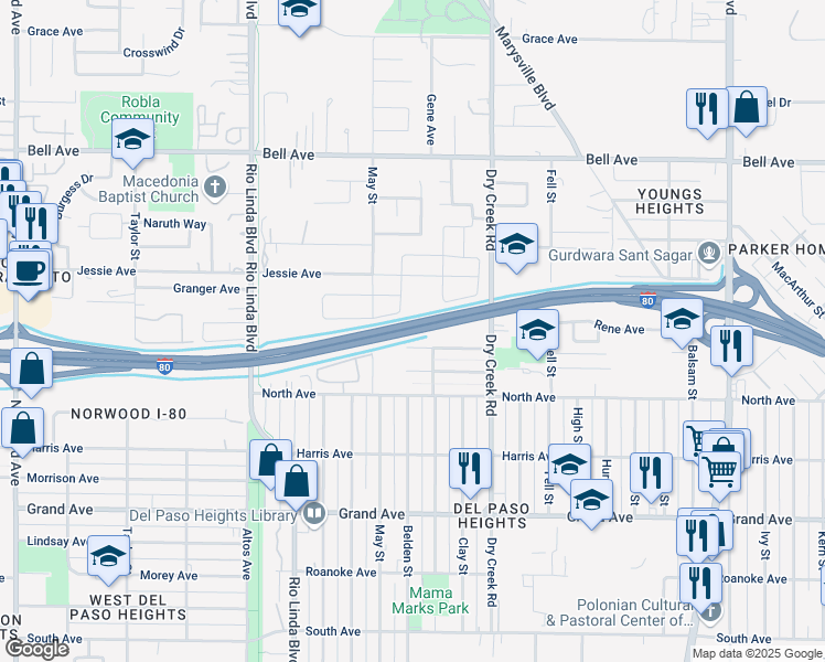 map of restaurants, bars, coffee shops, grocery stores, and more near Dwight D. Eisenhower Highway in Sacramento