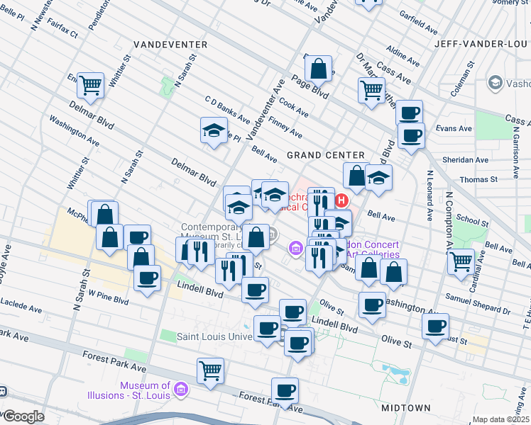 map of restaurants, bars, coffee shops, grocery stores, and more near 701 North Spring Avenue in St. Louis