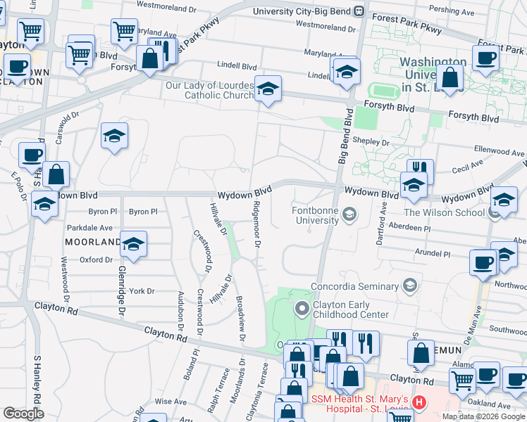 map of restaurants, bars, coffee shops, grocery stores, and more near 12 Ridgemoor Drive in St. Louis