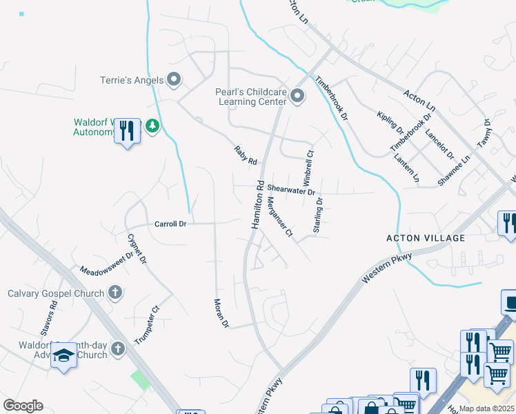 map of restaurants, bars, coffee shops, grocery stores, and more near Hamilton Road in Waldorf