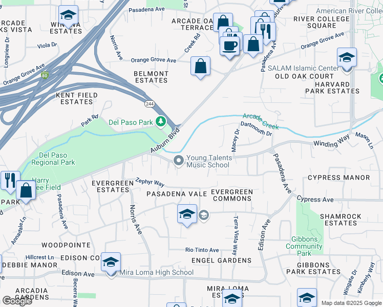map of restaurants, bars, coffee shops, grocery stores, and more near 4310 Winding Way in Sacramento
