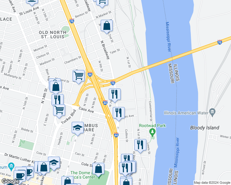 map of restaurants, bars, coffee shops, grocery stores, and more near in St. Louis