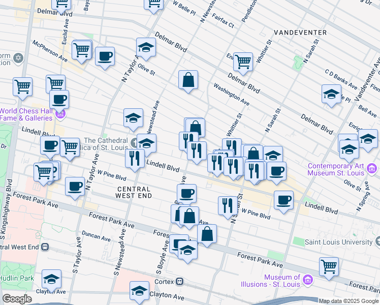 map of restaurants, bars, coffee shops, grocery stores, and more near 322 North Boyle Avenue in St. Louis
