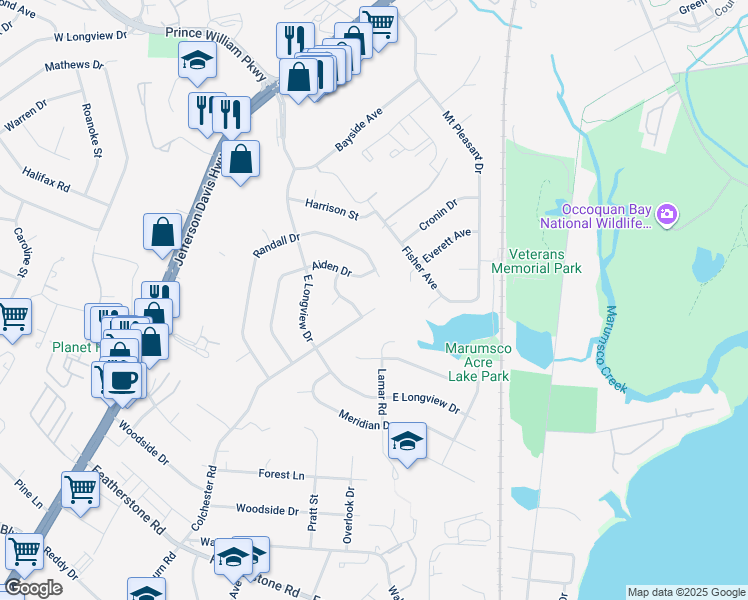 map of restaurants, bars, coffee shops, grocery stores, and more near 1402 Colchester Road in Woodbridge