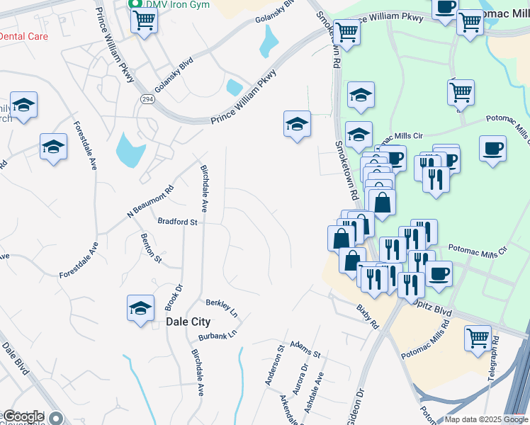 map of restaurants, bars, coffee shops, grocery stores, and more near 14220 Bismark Avenue in Woodbridge