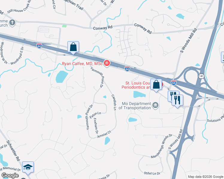 map of restaurants, bars, coffee shops, grocery stores, and more near 1542 Candish Lane in Chesterfield
