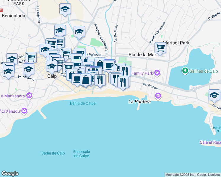 map of restaurants, bars, coffee shops, grocery stores, and more near 12 Calle Dinamarca in Calpe