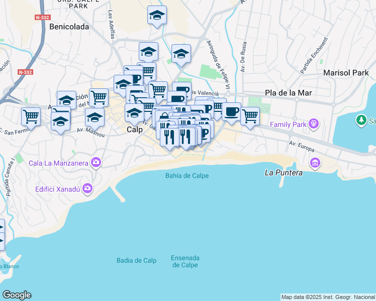 map of restaurants, bars, coffee shops, grocery stores, and more near 2 Carrer Benidorm in Calp