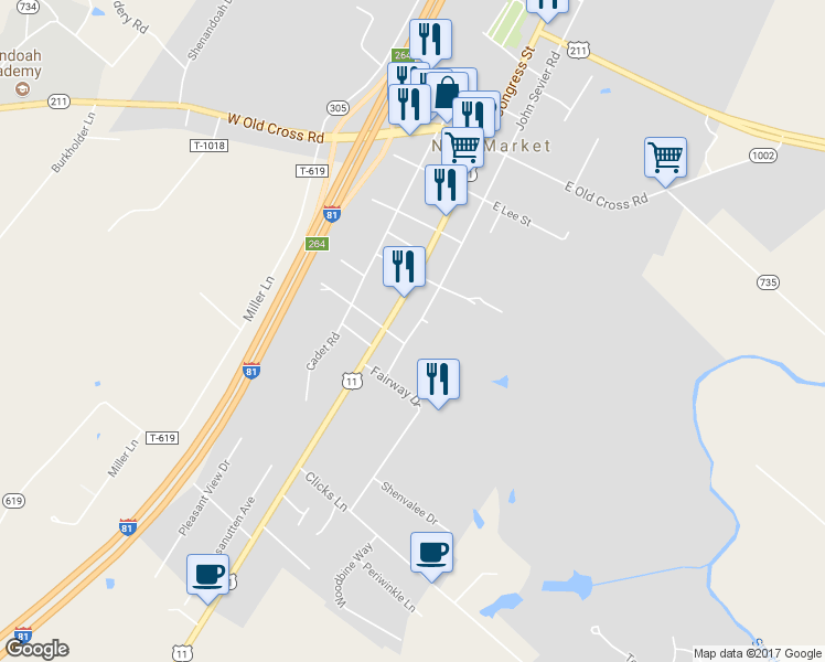 map of restaurants, bars, coffee shops, grocery stores, and more near 9578 John Sevier Road in New Market