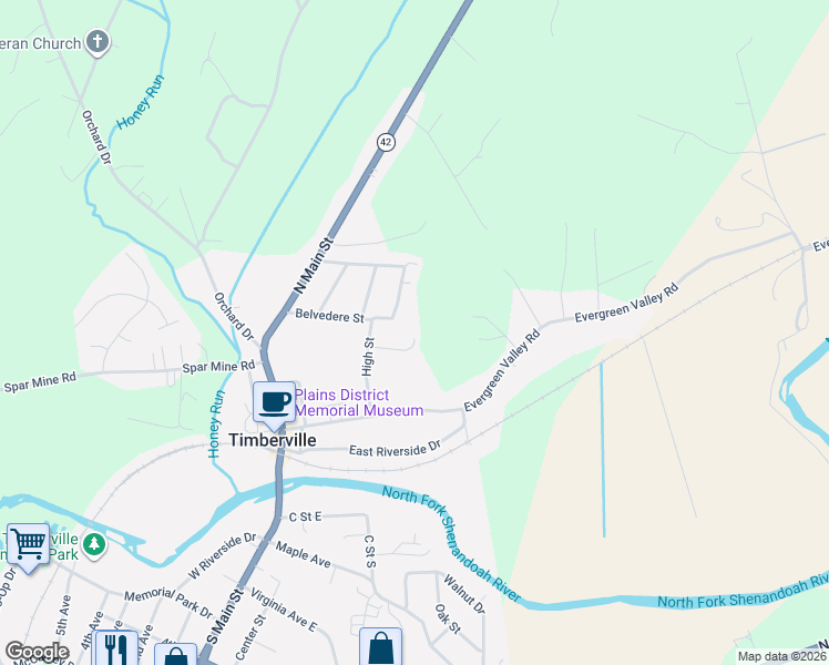 map of restaurants, bars, coffee shops, grocery stores, and more near 253 High Street in Timberville