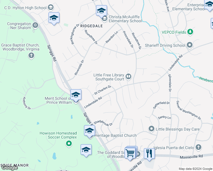 map of restaurants, bars, coffee shops, grocery stores, and more near 5571 Saint Charles Drive in Woodbridge