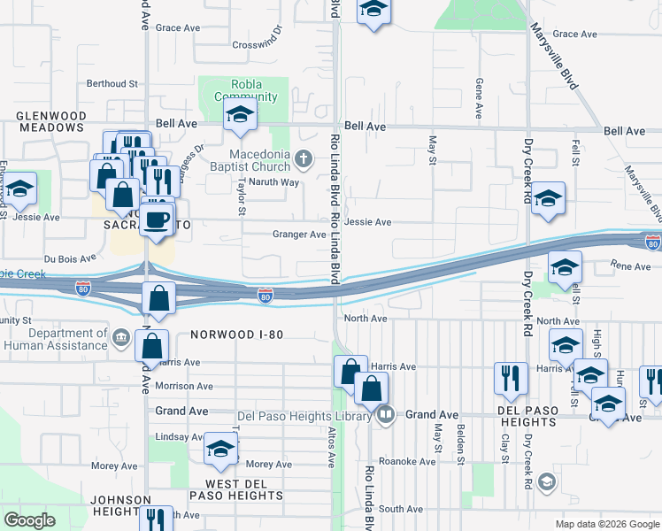 map of restaurants, bars, coffee shops, grocery stores, and more near 752 Ephesus Avenue in Sacramento