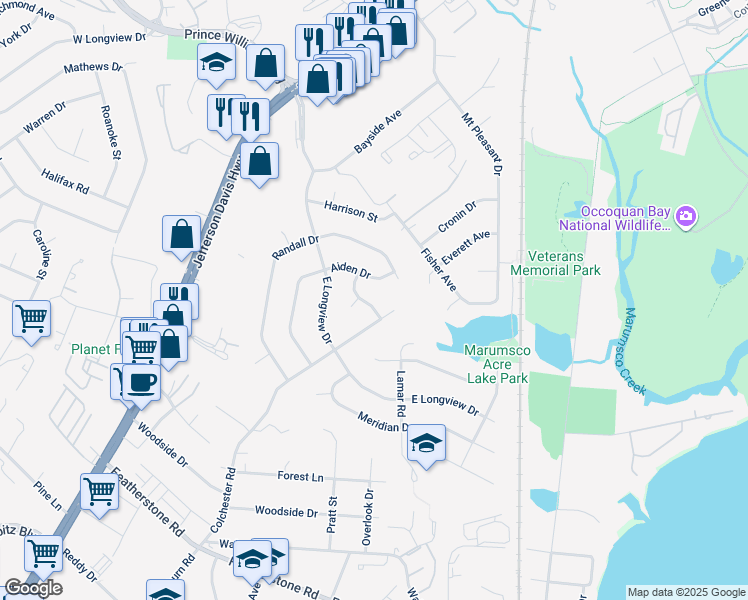 map of restaurants, bars, coffee shops, grocery stores, and more near 14309 Hope Street in Woodbridge