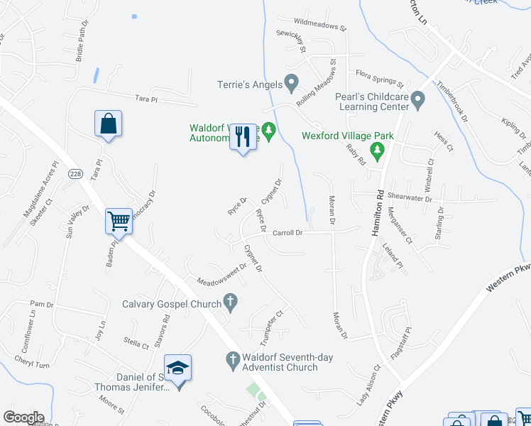 map of restaurants, bars, coffee shops, grocery stores, and more near 2512 Ryce Drive in Waldorf