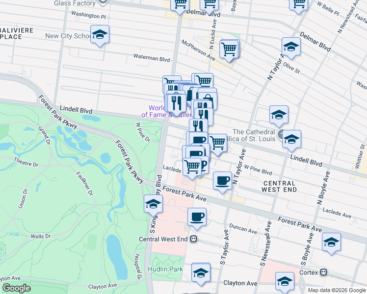 map of restaurants, bars, coffee shops, grocery stores, and more near 4949 West Pine Boulevard in Saint Louis
