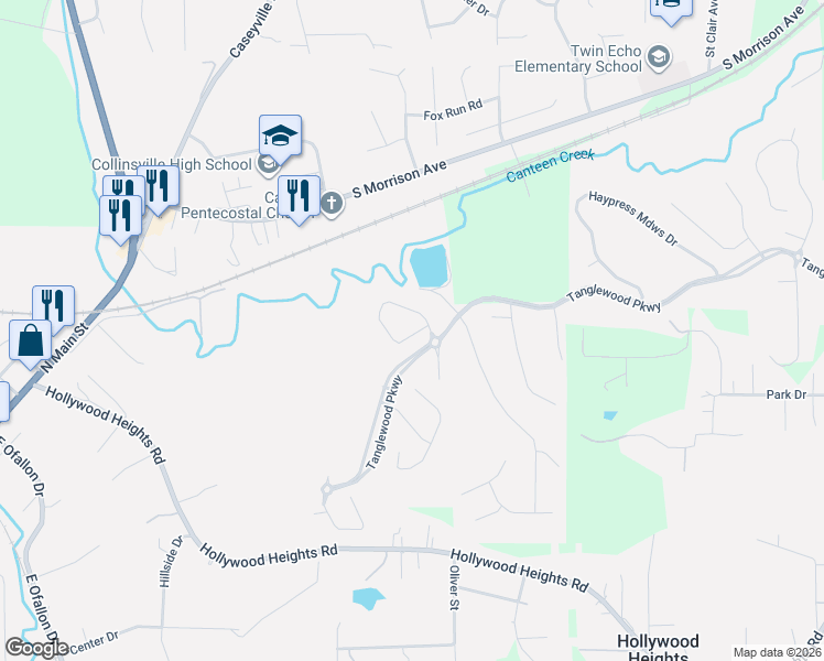 map of restaurants, bars, coffee shops, grocery stores, and more near 8024 Villa Valley Lane in Caseyville