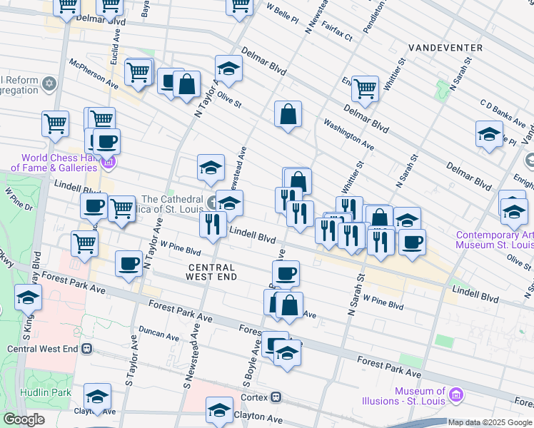 map of restaurants, bars, coffee shops, grocery stores, and more near 4355 Maryland Avenue in St. Louis