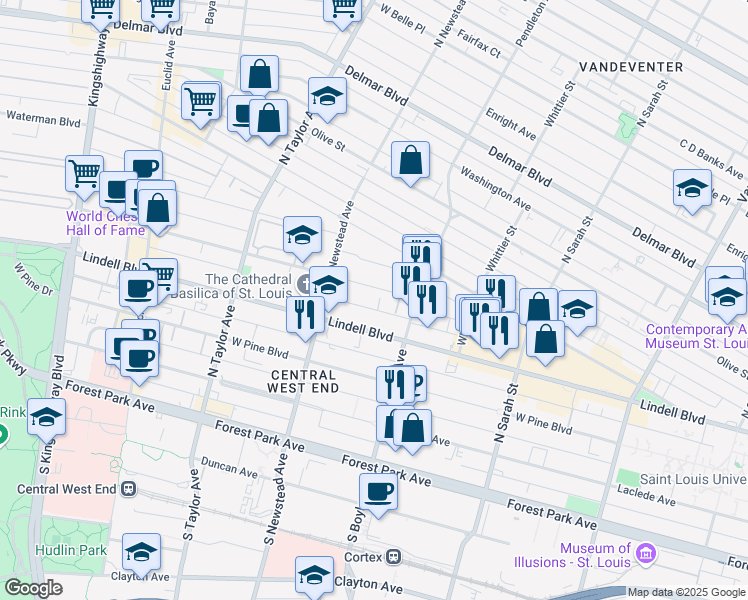 map of restaurants, bars, coffee shops, grocery stores, and more near 4355 Maryland Avenue in St. Louis
