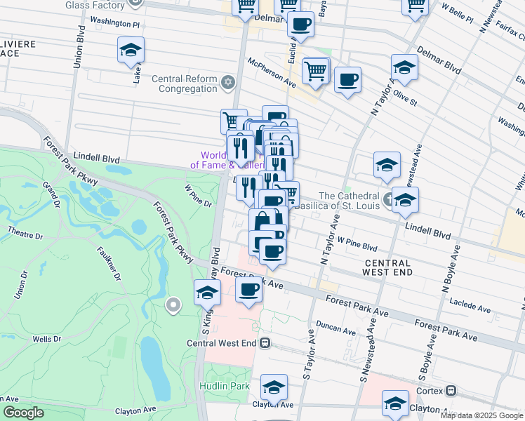 map of restaurants, bars, coffee shops, grocery stores, and more near 4900 Lindell Boulevard in St. Louis