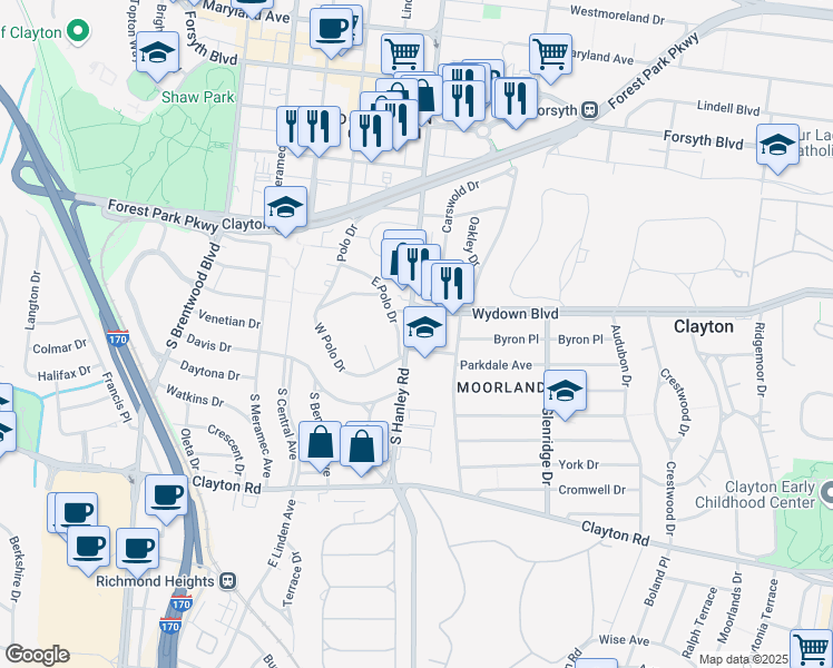 map of restaurants, bars, coffee shops, grocery stores, and more near 7646 Wydown Boulevard in Clayton