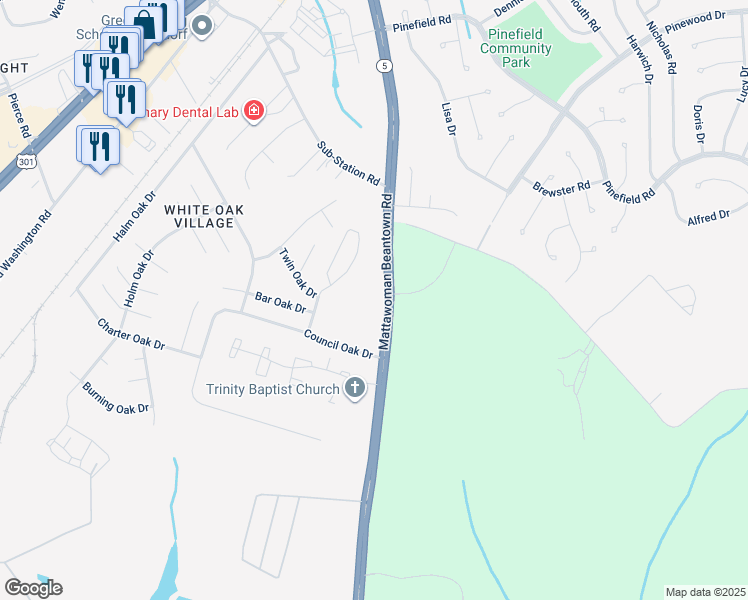 map of restaurants, bars, coffee shops, grocery stores, and more near 2549 Mattawoman Beantown Road in Waldorf