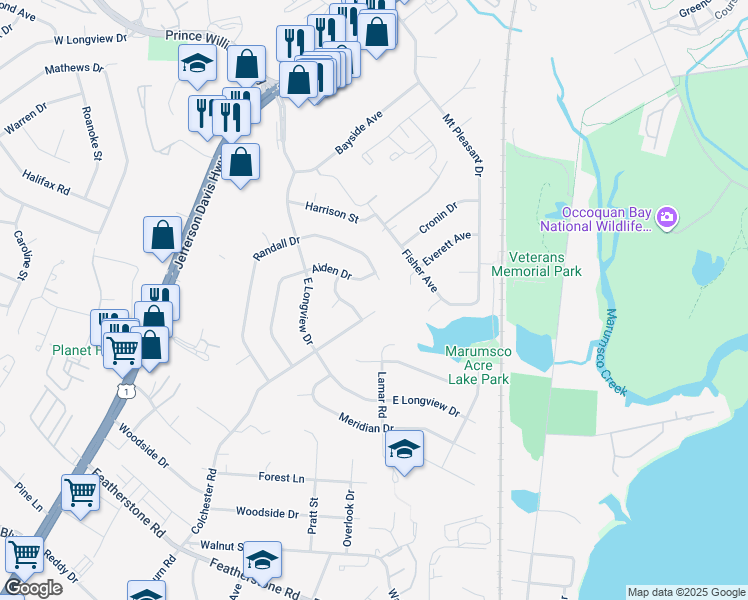 map of restaurants, bars, coffee shops, grocery stores, and more near 1402 Colchester Road in Woodbridge