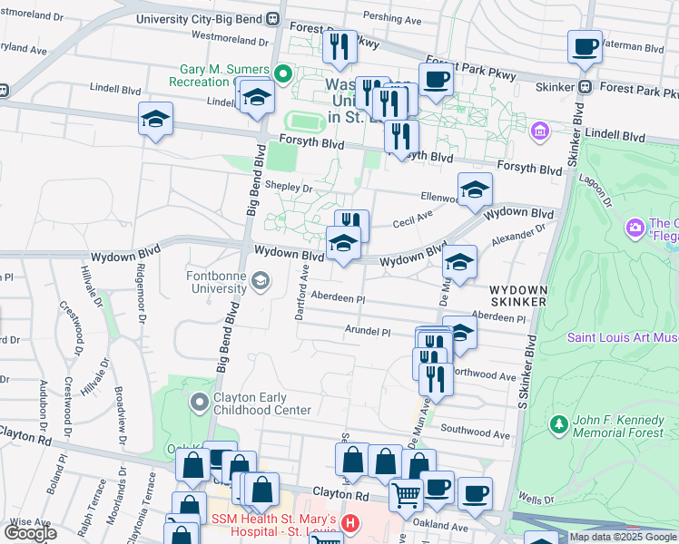 map of restaurants, bars, coffee shops, grocery stores, and more near 6500 Wydown Boulevard in Clayton