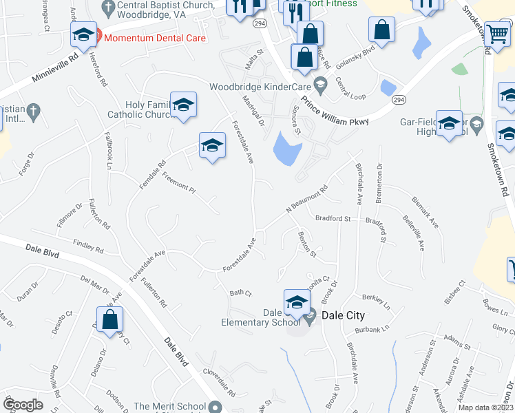 map of restaurants, bars, coffee shops, grocery stores, and more near 3542 Forestdale Avenue in Woodbridge
