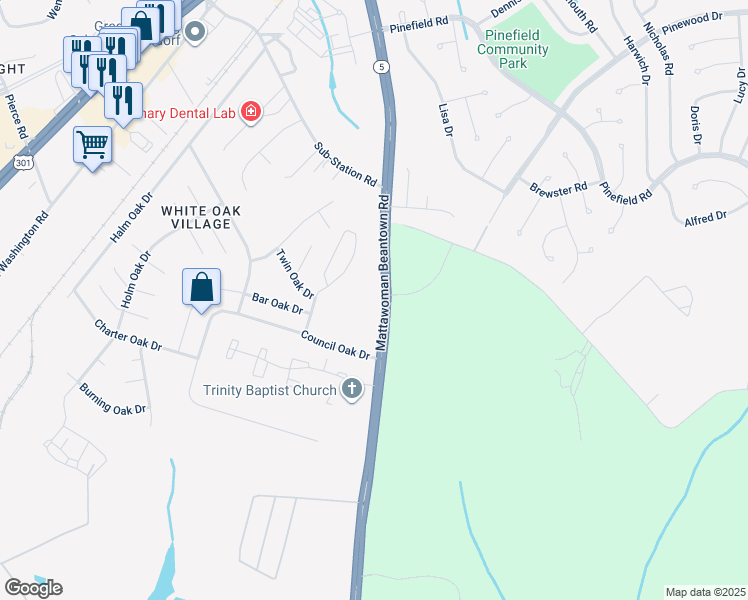 map of restaurants, bars, coffee shops, grocery stores, and more near 2549 Mattawoman Beantown Road in Waldorf