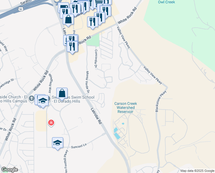 map of restaurants, bars, coffee shops, grocery stores, and more near 6058 Ventura Court in El Dorado Hills