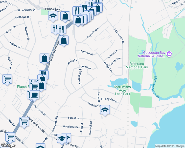 map of restaurants, bars, coffee shops, grocery stores, and more near 14309 Hope Street in Woodbridge