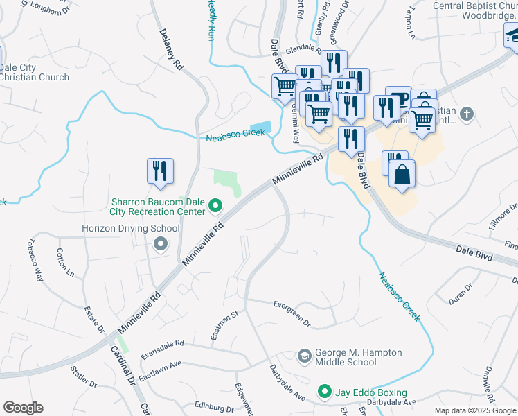 map of restaurants, bars, coffee shops, grocery stores, and more near 14397 Westminister Lane in Dale City