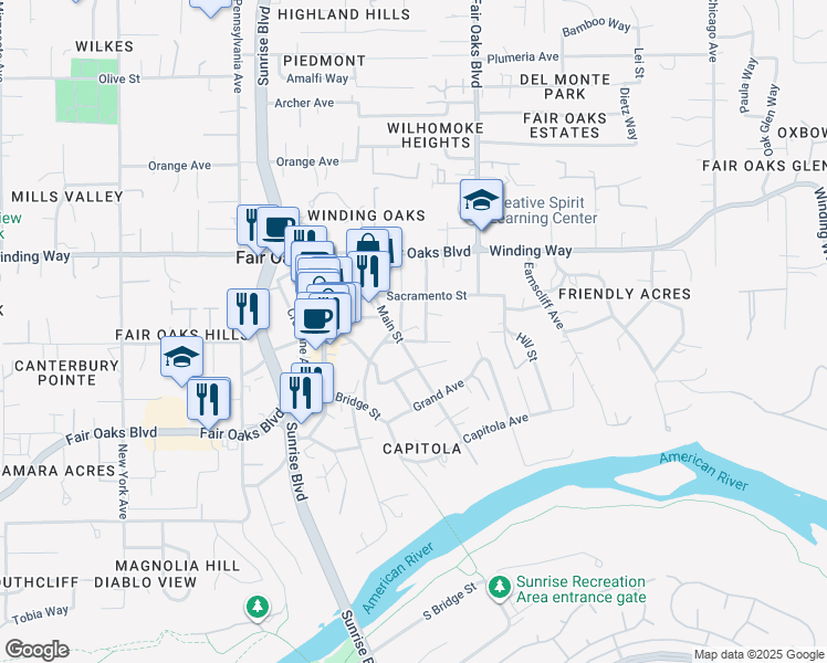 map of restaurants, bars, coffee shops, grocery stores, and more near 4230 Watkins Drive in Fair Oaks