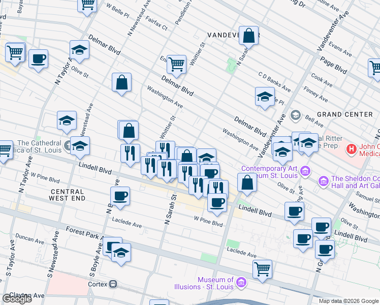 map of restaurants, bars, coffee shops, grocery stores, and more near N Sarah St & Westminster Pl in St. Louis