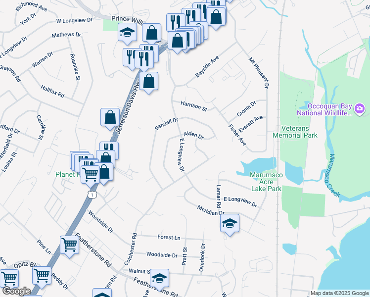 map of restaurants, bars, coffee shops, grocery stores, and more near 1339 East Longview Drive in Woodbridge