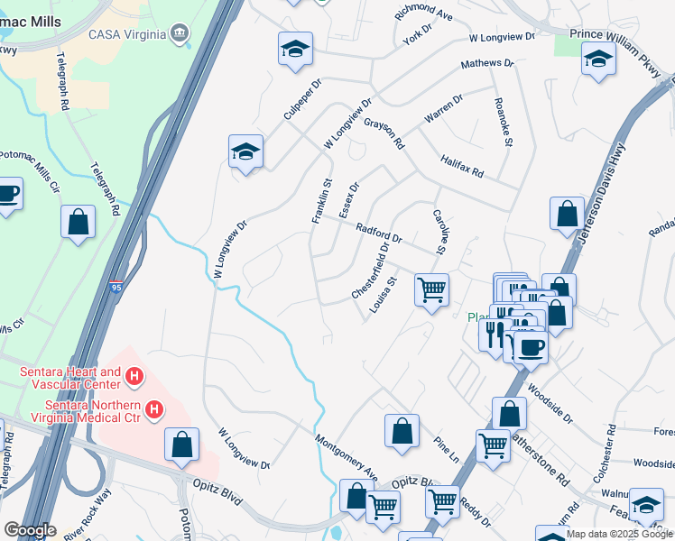 map of restaurants, bars, coffee shops, grocery stores, and more near 2036 Cumberland Drive in Woodbridge