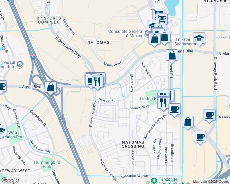 map of restaurants, bars, coffee shops, grocery stores, and more near 4000 Alan Shepard Street in Sacramento