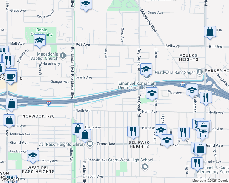 map of restaurants, bars, coffee shops, grocery stores, and more near 0 Fairbanks Avenue in Sacramento