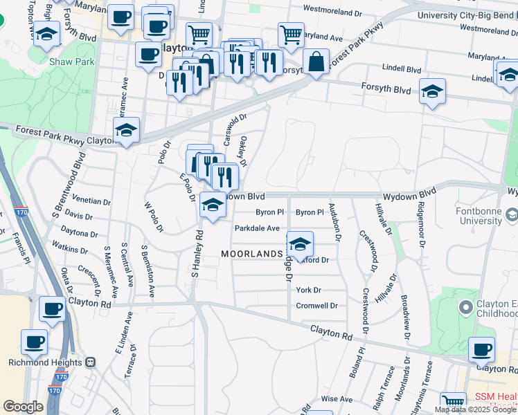 map of restaurants, bars, coffee shops, grocery stores, and more near 7536 Wydown Boulevard in Clayton