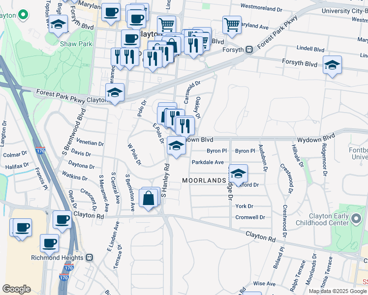 map of restaurants, bars, coffee shops, grocery stores, and more near 7646 Wydown Boulevard in Clayton