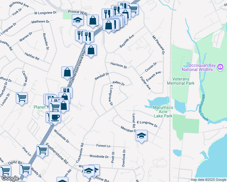 map of restaurants, bars, coffee shops, grocery stores, and more near 1339 East Longview Drive in Woodbridge