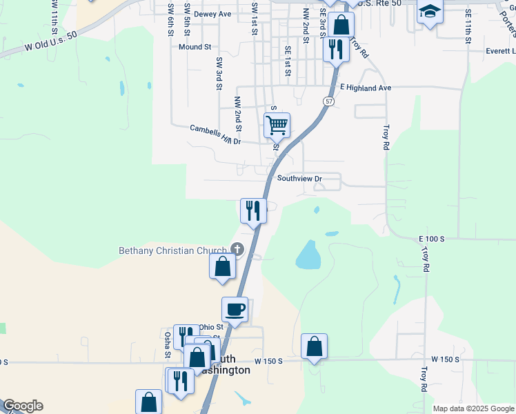 map of restaurants, bars, coffee shops, grocery stores, and more near 899 Indiana 57 in Washington