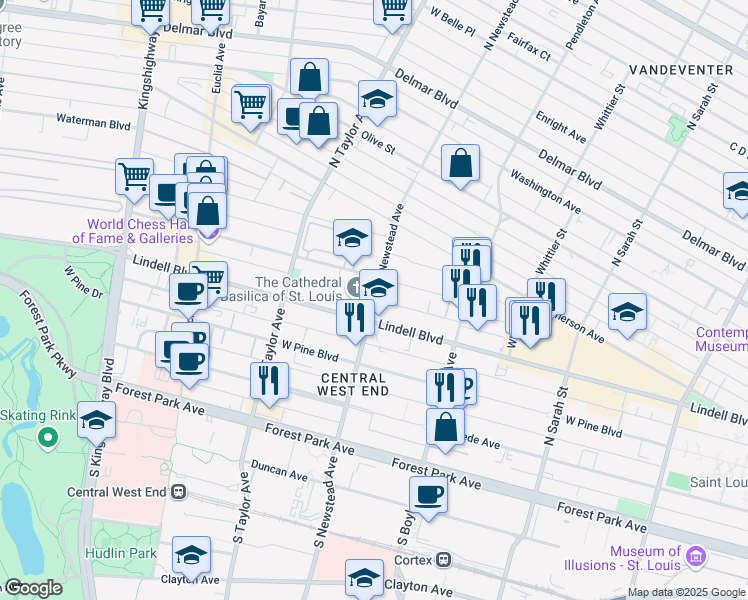 map of restaurants, bars, coffee shops, grocery stores, and more near 222 North Newstead Avenue in St. Louis