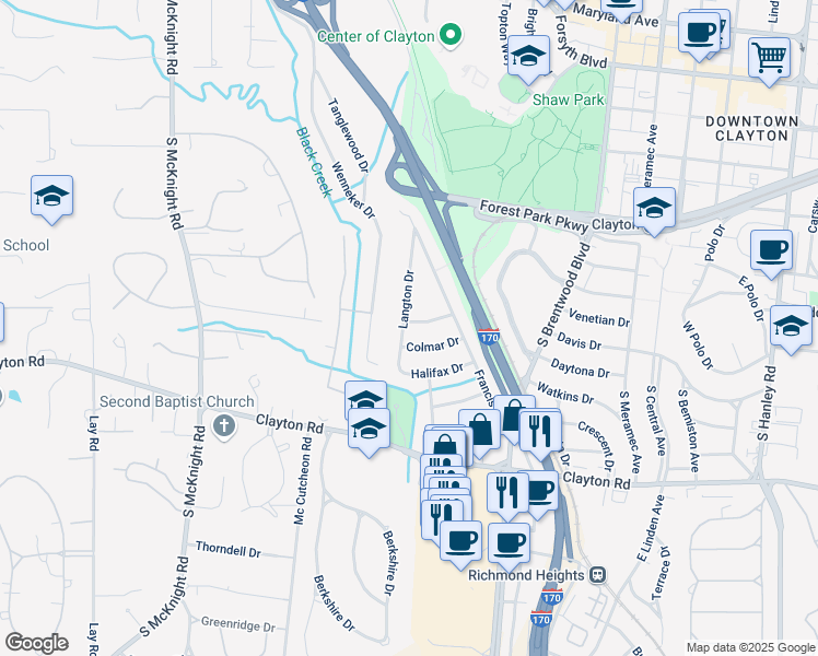 map of restaurants, bars, coffee shops, grocery stores, and more near 8130 Edinburgh Drive in Clayton