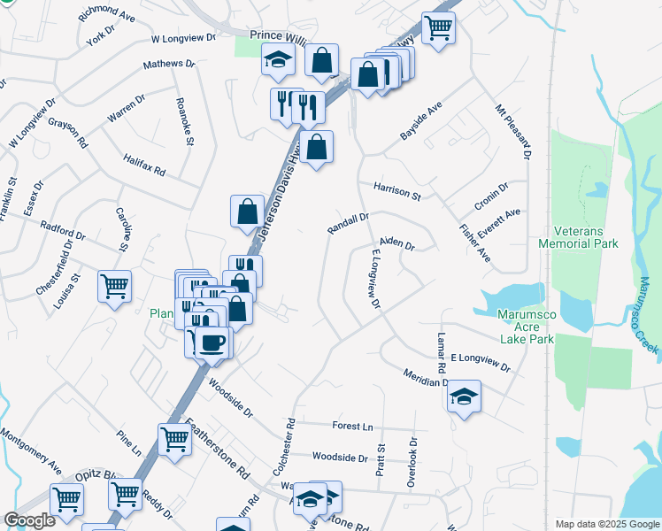 map of restaurants, bars, coffee shops, grocery stores, and more near 14303 Randall Drive in Woodbridge