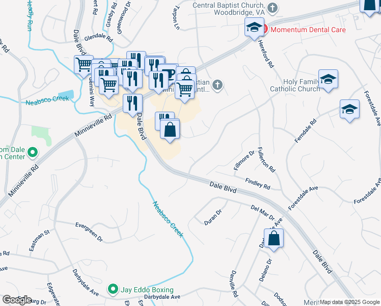 map of restaurants, bars, coffee shops, grocery stores, and more near 14351 Forestdale Court in Woodbridge