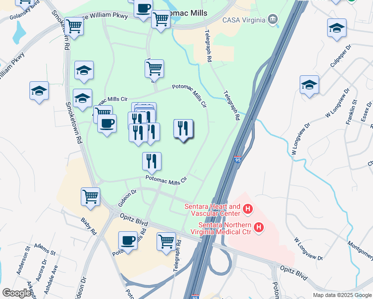 map of restaurants, bars, coffee shops, grocery stores, and more near 14517 Potomac Mills Road in Woodbridge