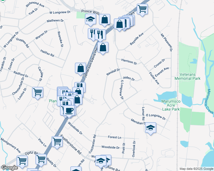 map of restaurants, bars, coffee shops, grocery stores, and more near 14303 Randall Drive in Woodbridge
