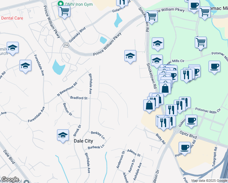 map of restaurants, bars, coffee shops, grocery stores, and more near 14216 Bismark Avenue in Woodbridge