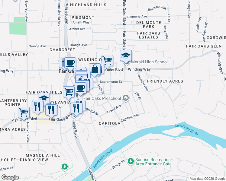 map of restaurants, bars, coffee shops, grocery stores, and more near 4291 Watkins Drive in Fair Oaks